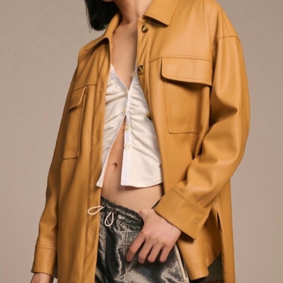 Anthropologie Maeve Faux Leather Shirt Jacket Tan Fall Shacket Size XS Oversized - Picture 1 of 10